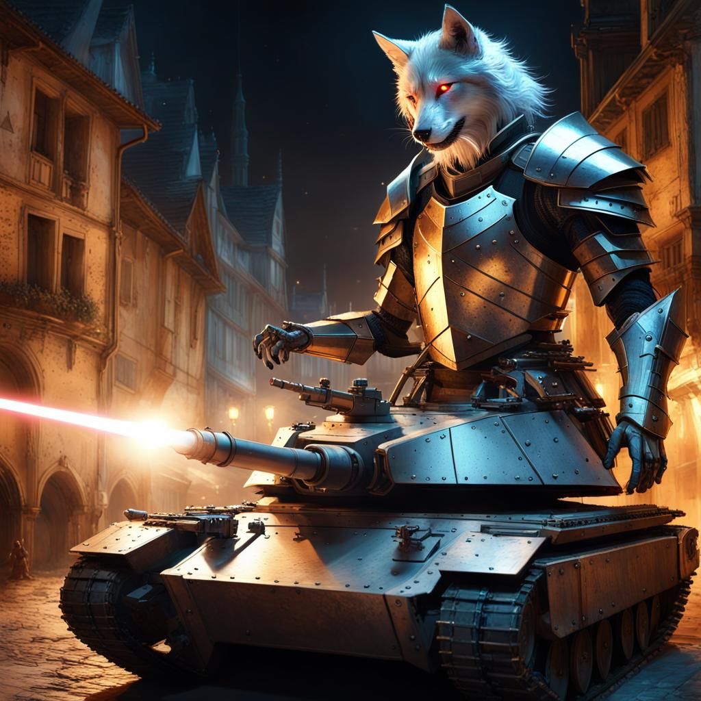 "powerful scene Sci-fi wolf knight on a futuristic tank
