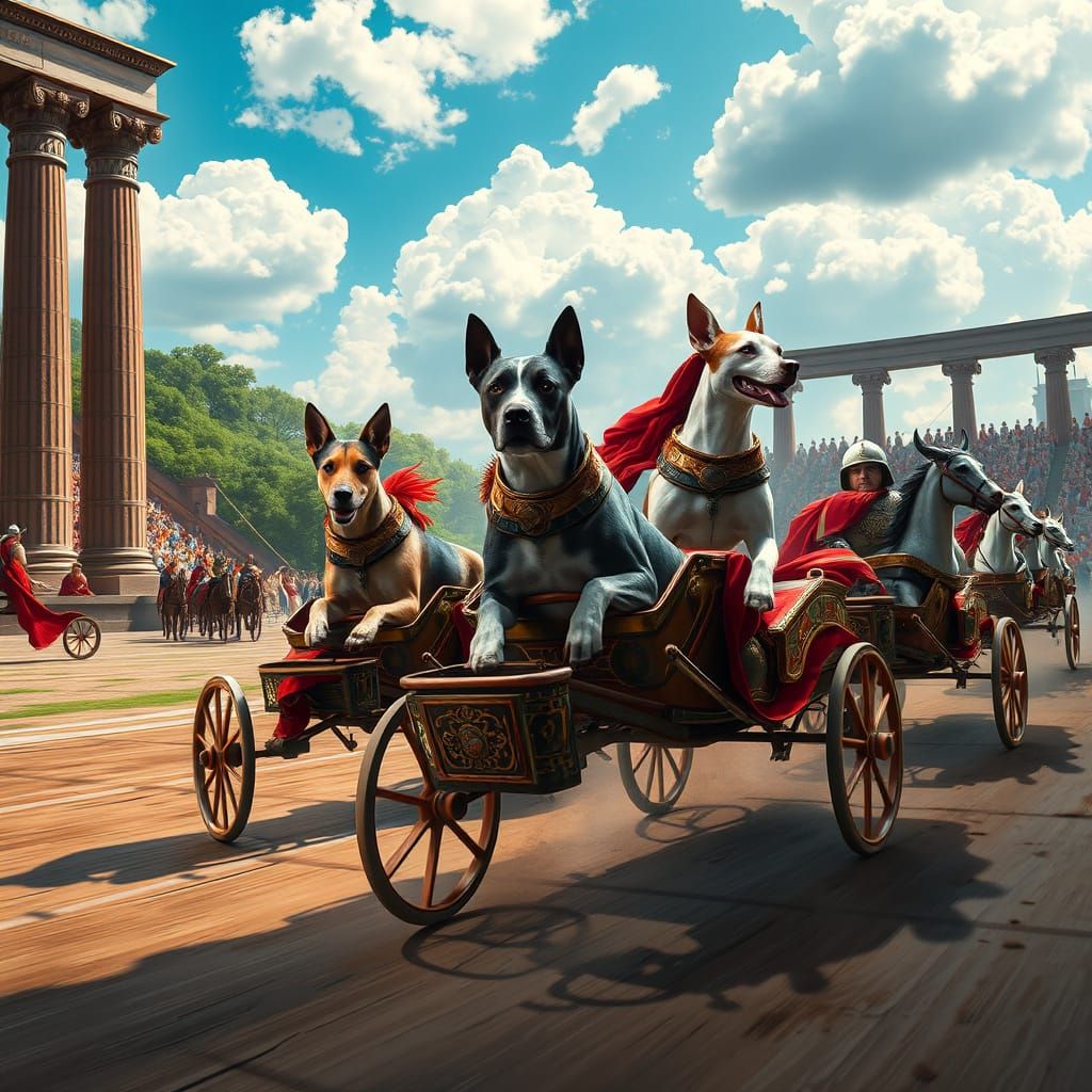 Dogs in Ancient Chariots, Pulled by Humans in Roman Arena