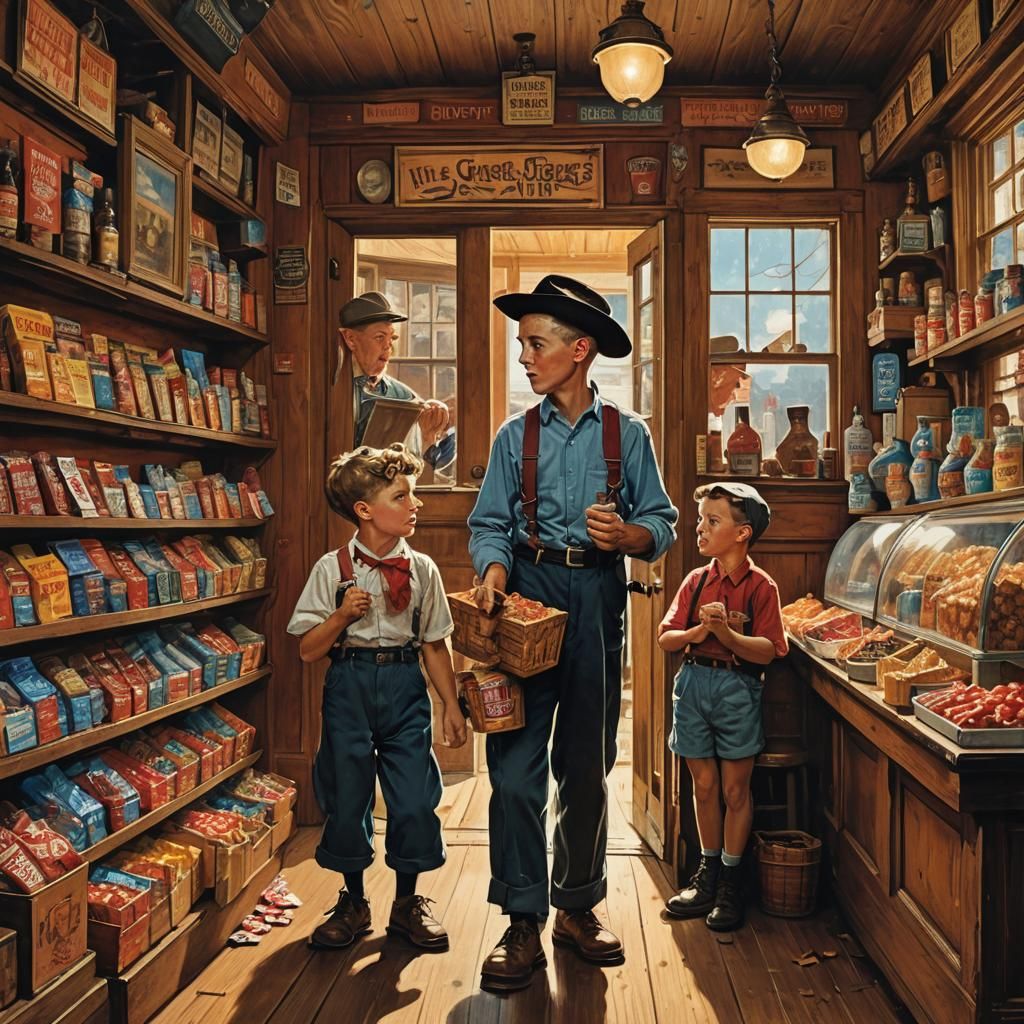 Boys Stealing Candy, Americana Painting in Rockwell Style