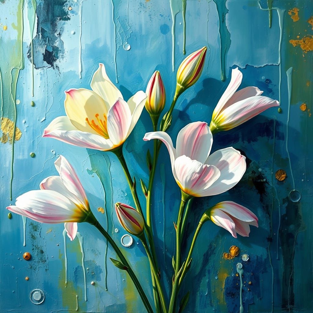 Vibrant Watercolour Bouquet with Textured Oil Paint Drips