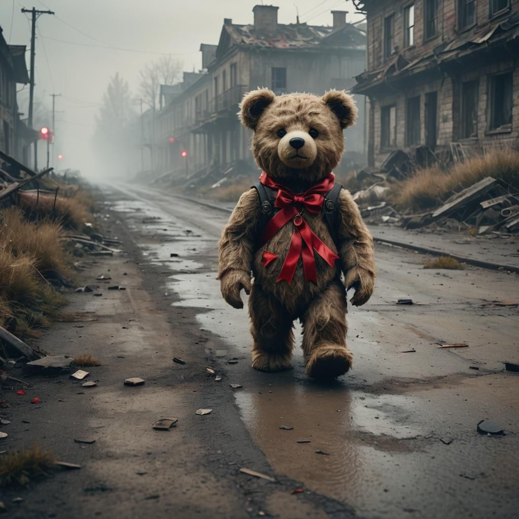 Teddy Bear Walks Abandoned City in Epic Realism