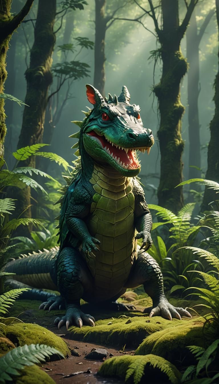 Rabbit-Crocodile Creature in Misty Forest: 3D Anime Art
