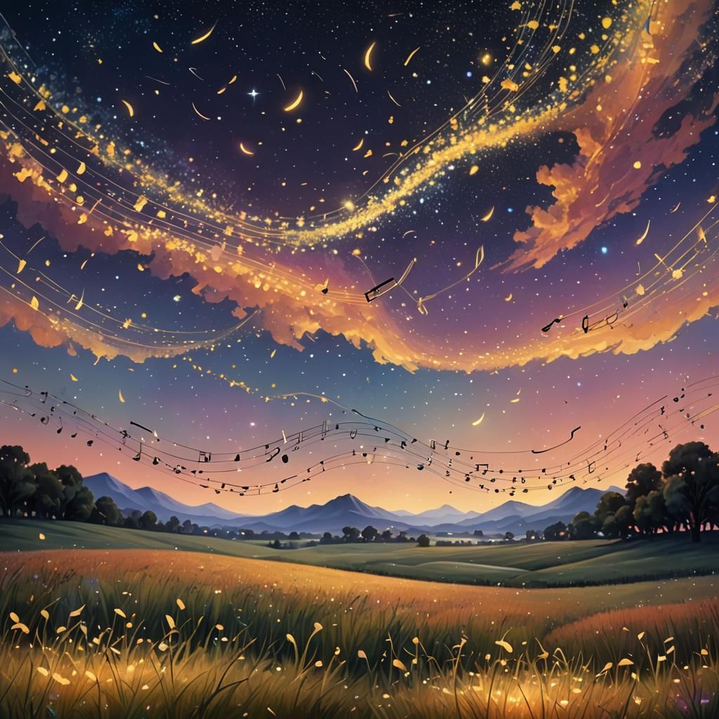 Musical Notes Float Over Starry Field, Vibrant Oil Painting