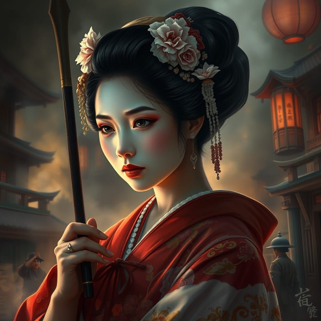 Geisha Amidst Wartime Chaos in Ethereal Mist Style