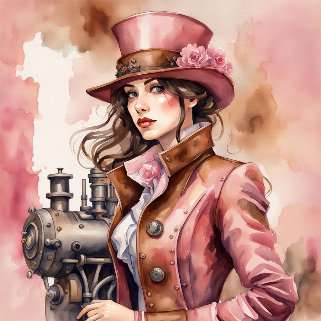 Steampunk Woman in Pink Watercolor Style