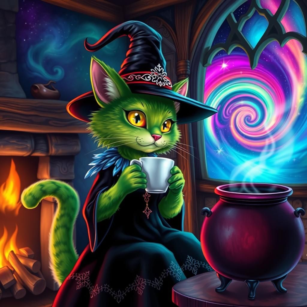 Cat Witch Teatime in Psychedelic Astral Style