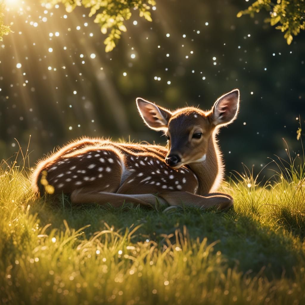 Sleeping Fawn in Meadow with Dramatic Lighting
