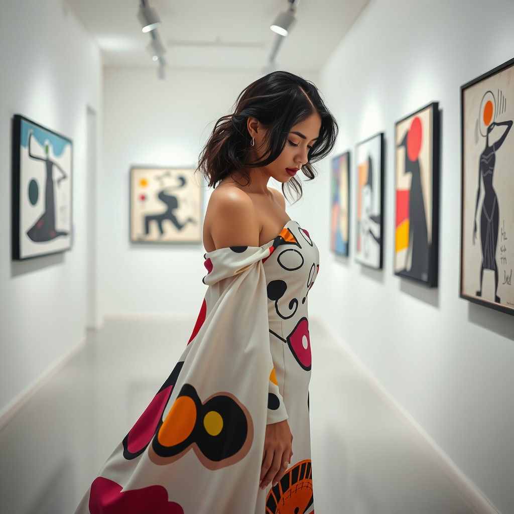 Surrealist Woman in Gallery Inspired by Joan Miró