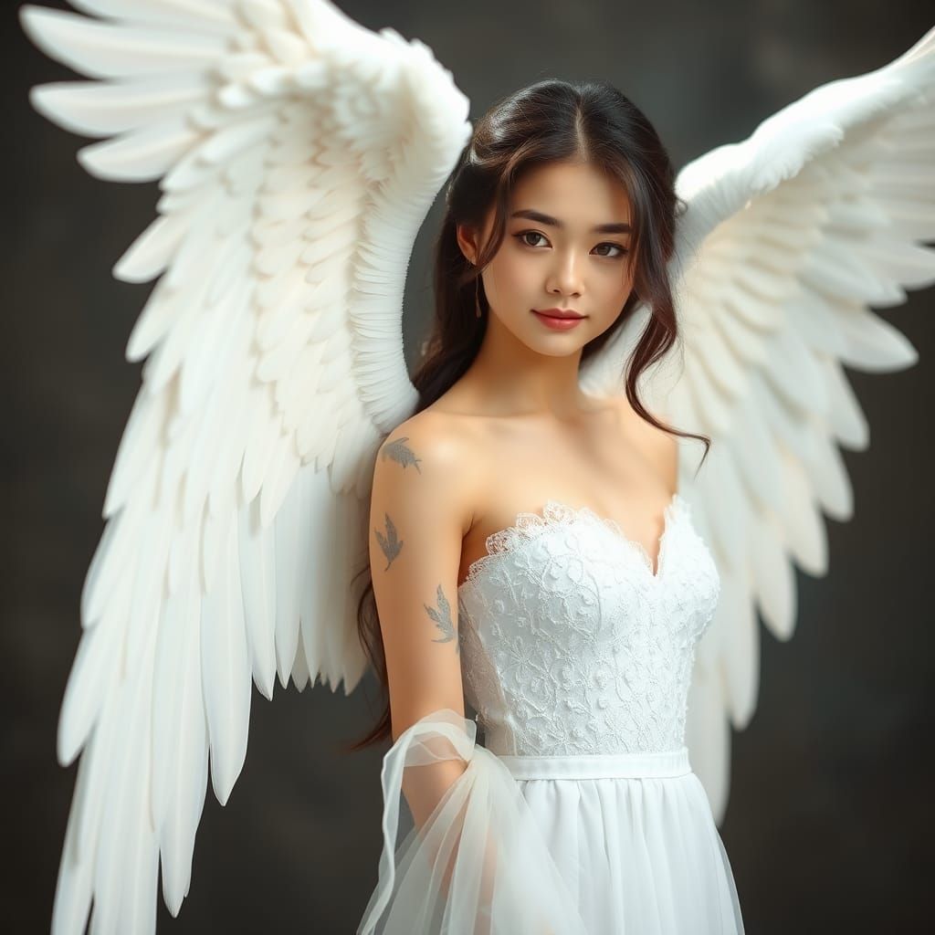 Angelic Asian Beauty with White Wings