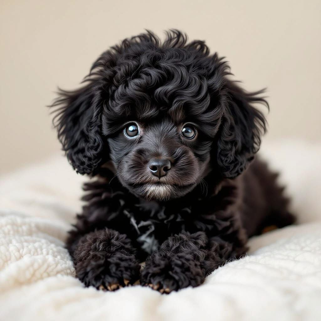 Fluffy Black Poodle Puppy with Big Eyes
