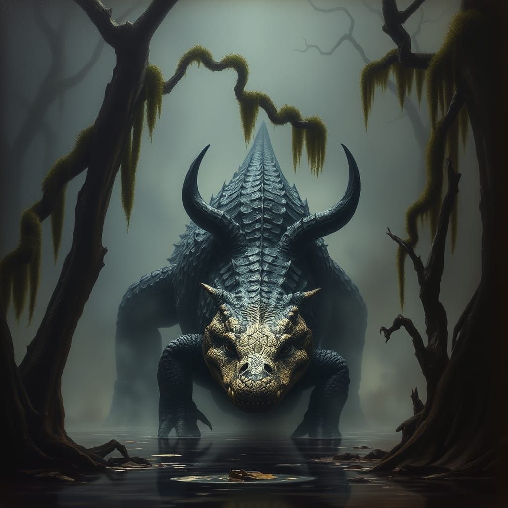 Horned Beast Patrols Murky Swamp in Oil Painting Style