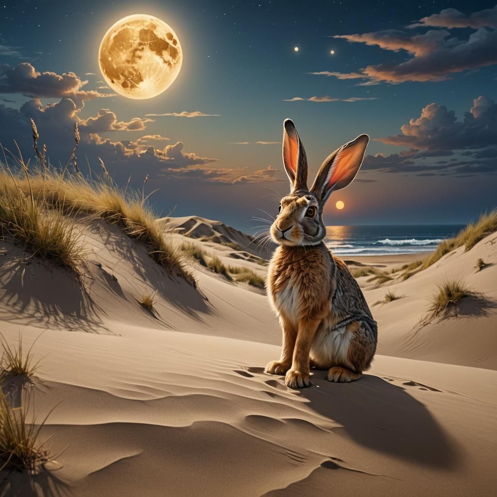 Rabbit Gazing at Moon in Fantasy Desert
