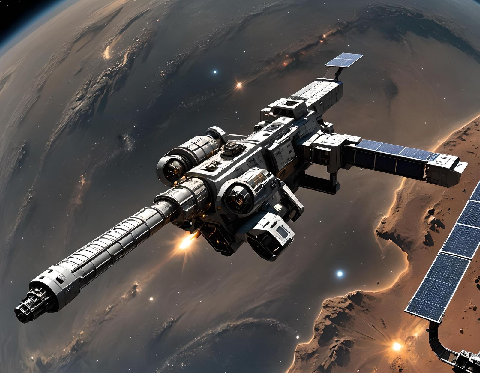 Hyperrealistic Orbital Railgun Satellite in Space