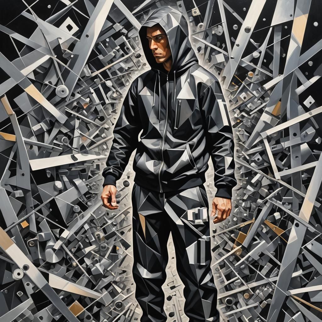 Cubist Tracksuit Figure in Geometric Abstraction