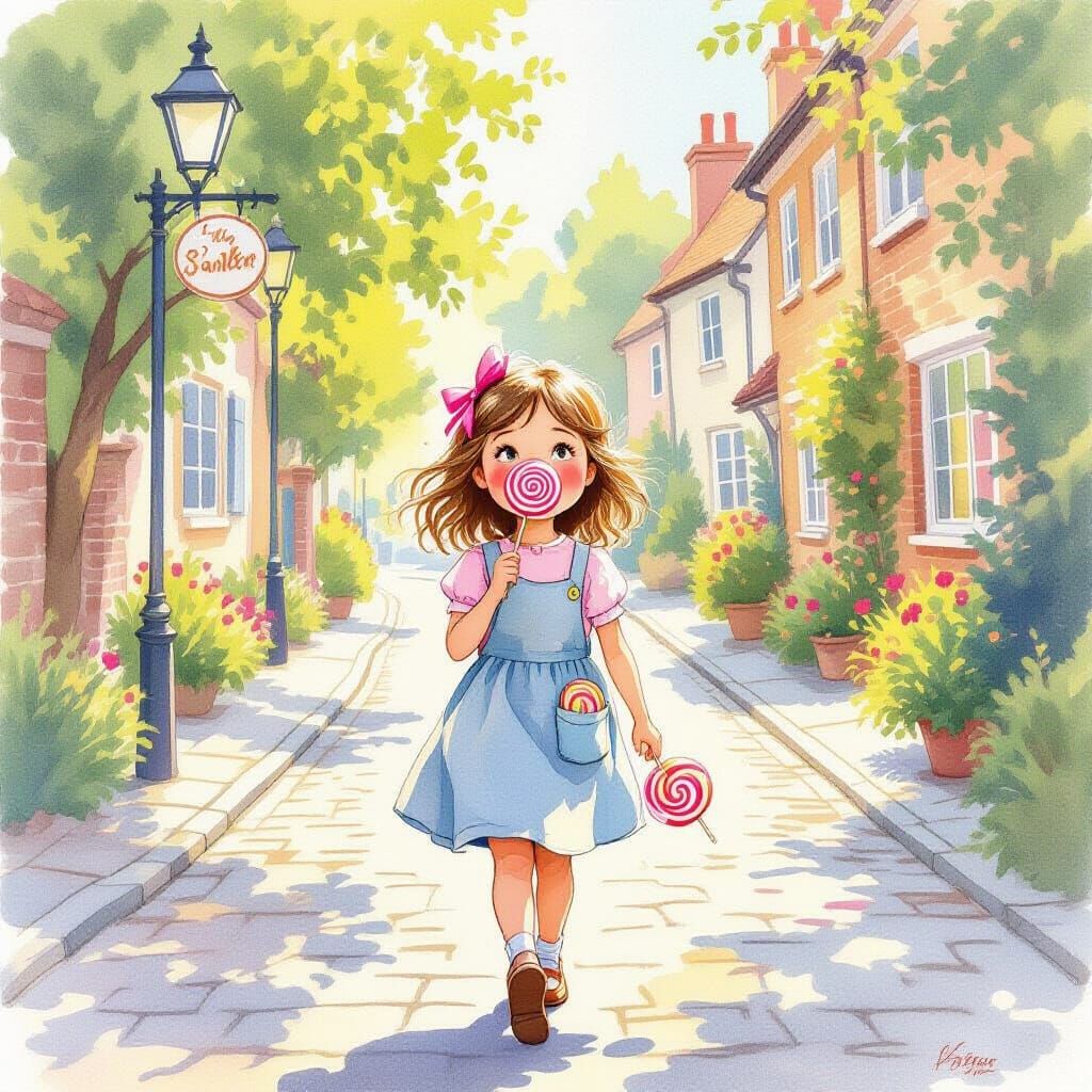 Whimsical Girl with Lollipop in Watercolor Style