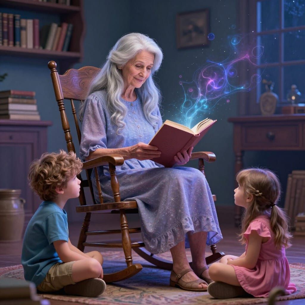 Grandmother Reads to Children in Book-Filled Room