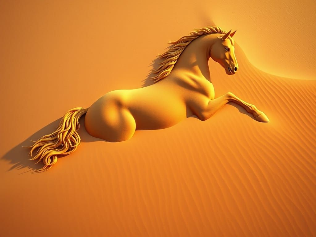 Golden Maned Horse Sand Dune: Hyperrealistic Desert Art