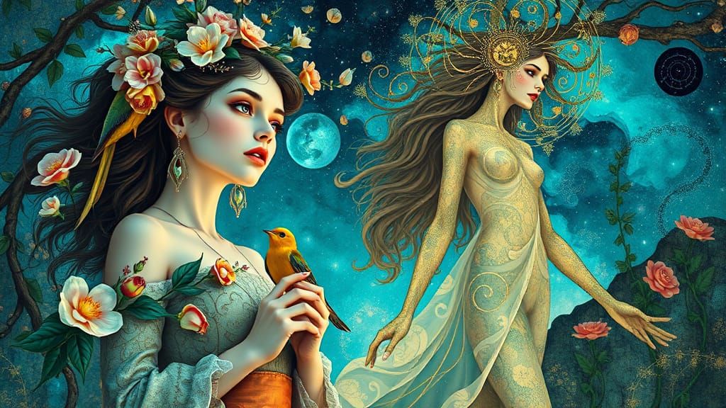 Ethereal Women Dancing in Surreal Expressionist Landscape