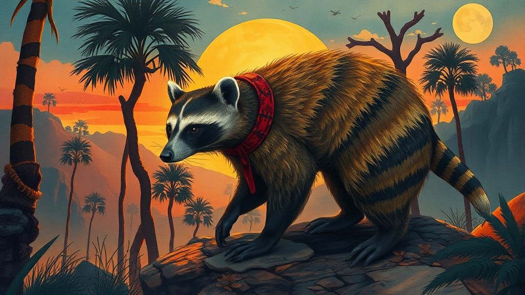 Dystopian Coati in Surreal Watercolor Landscape