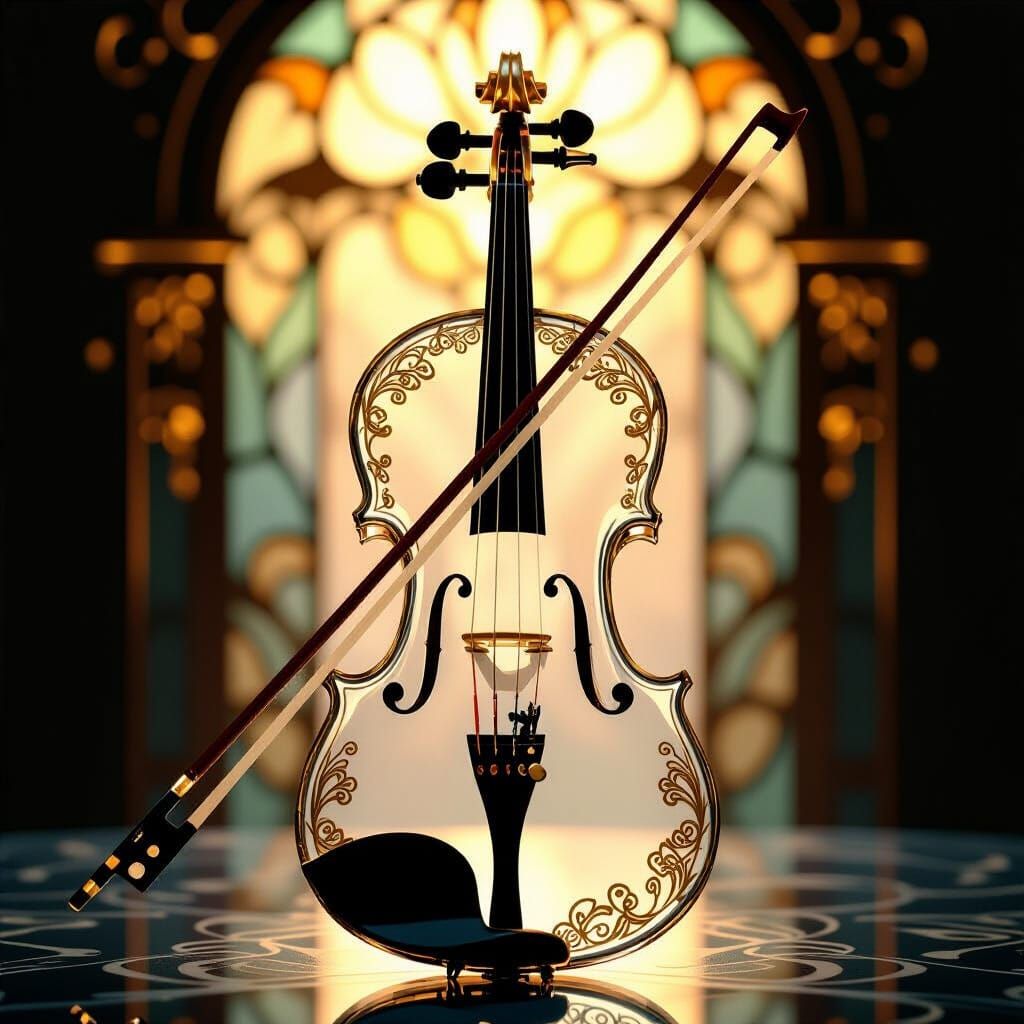 Glass Violin with Gold Bow in Art Nouveau Style