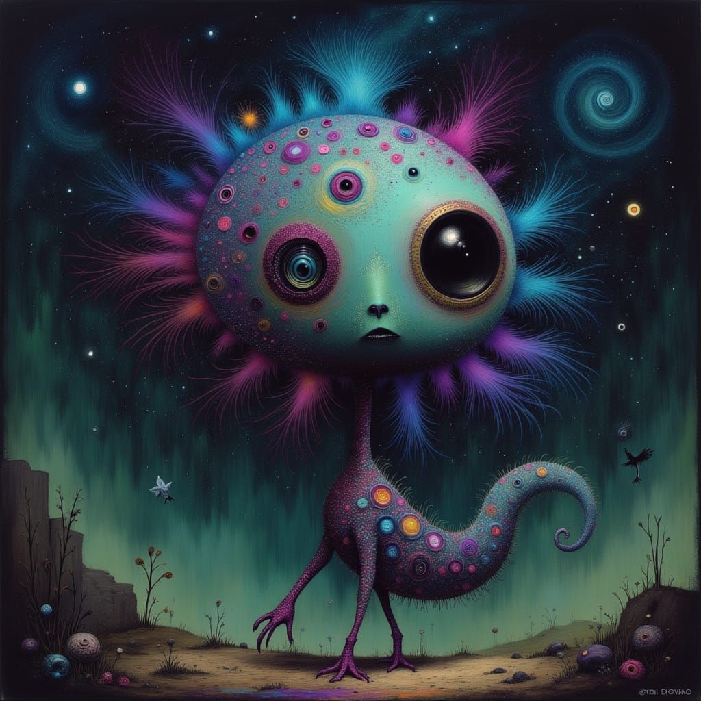 Surreal Biomechanical Creature in Cosmic Vortex