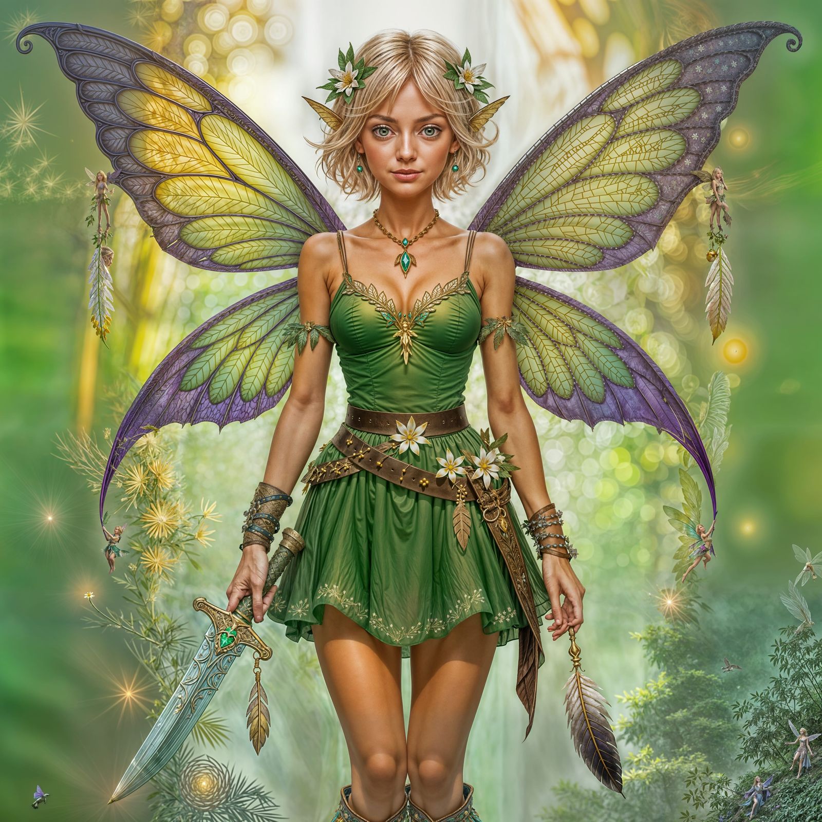 Beautiful Fairy with Green Wings and Floral Adornments