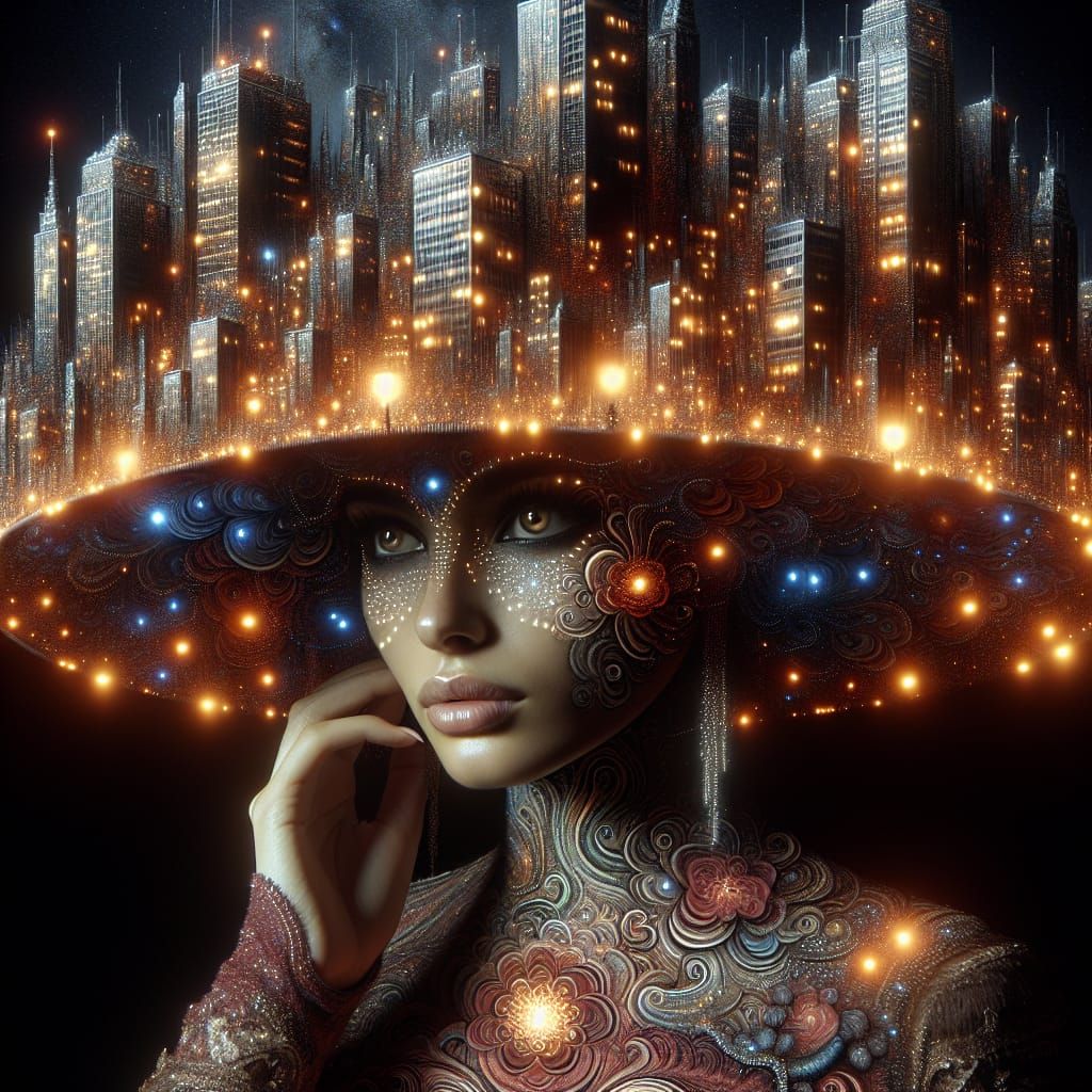 Woman's Cityscape Hat in Surreal Fantasy Style