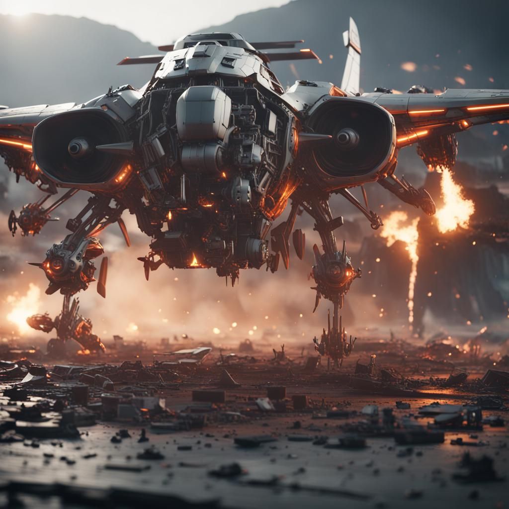 Crashed Airplane Engulfed in Flames: Sci-Fi Rendering