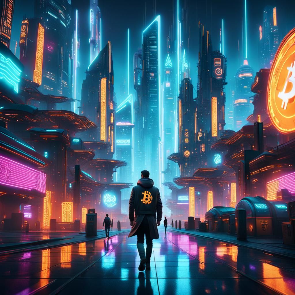 Cyberpunk Cityscape with Bitcoin Logos and Neon Lights