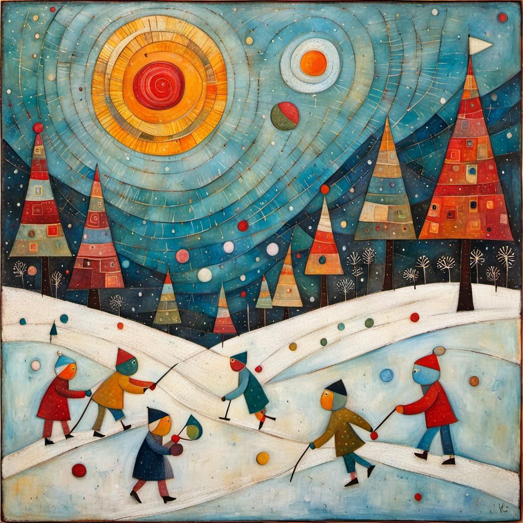 Encaustic Snowball Fight Inspired by Klee
