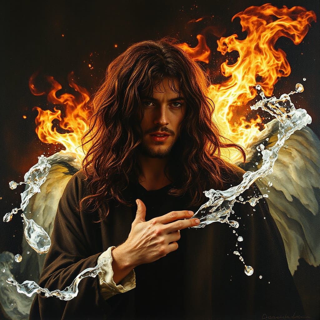 Water and Fire God in Dramatic Light, Oil on Canvas