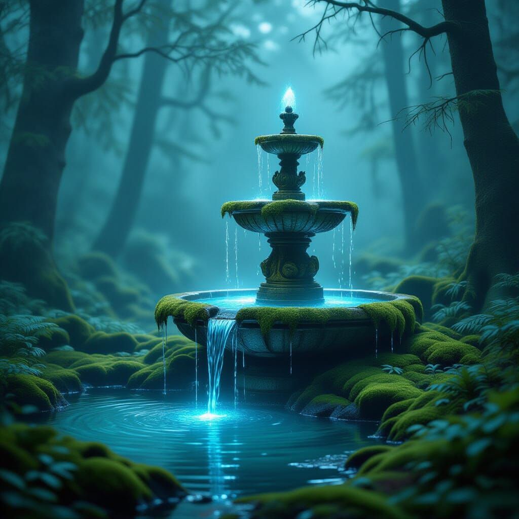 Ethereal Fountain in Misty Forest Glade