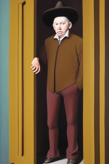 Photorealistic Person by Velazquez standing in a doorway by David Hockney, full-length portrait from head to foot includ...