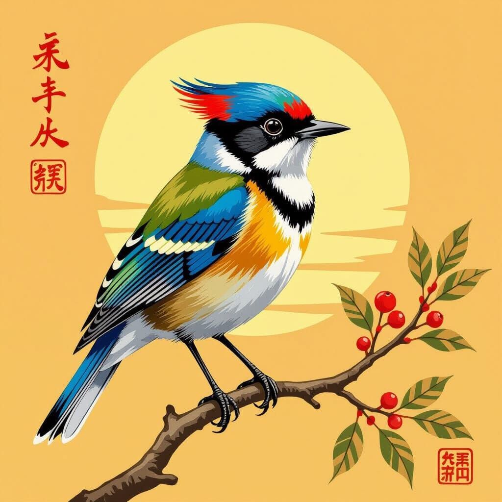 Vibrant Bird on Branch in Audubon Style