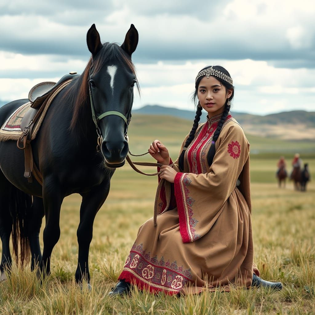 Mongolian Woman with Horse on Grassy Steppe