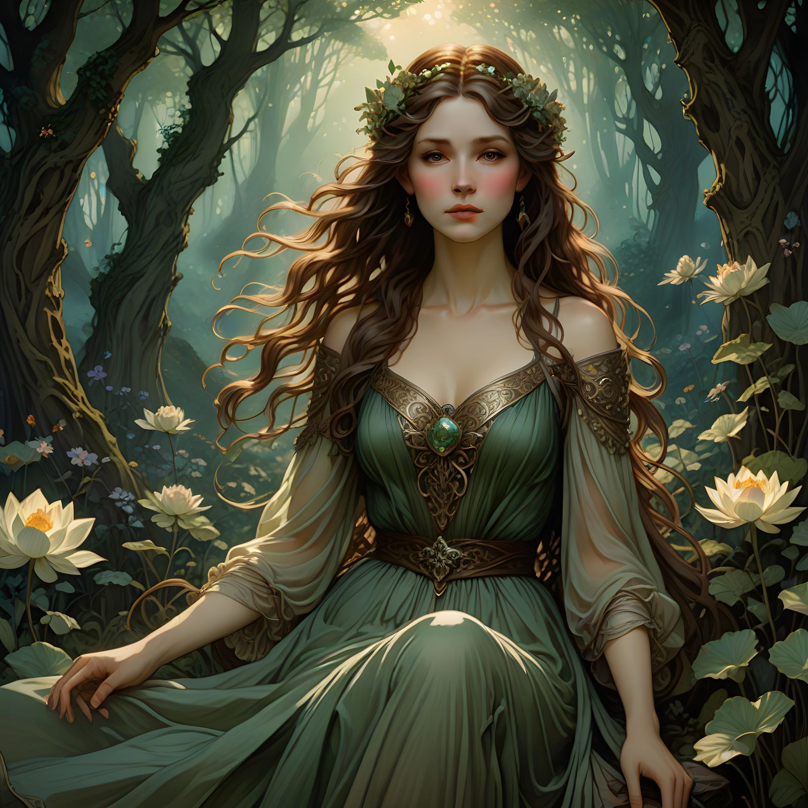 Ethereal Goddess in Green and Brown: Soft Fantasy Portrait