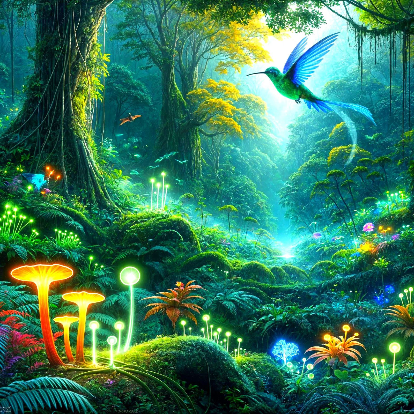Bioluminescent Hummingbird in Alien Jungle Landscape
