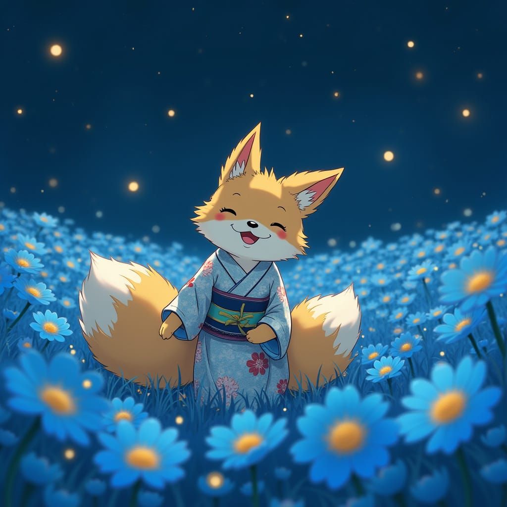 Kitsune in Glowing Field, Studio Ghibli Style