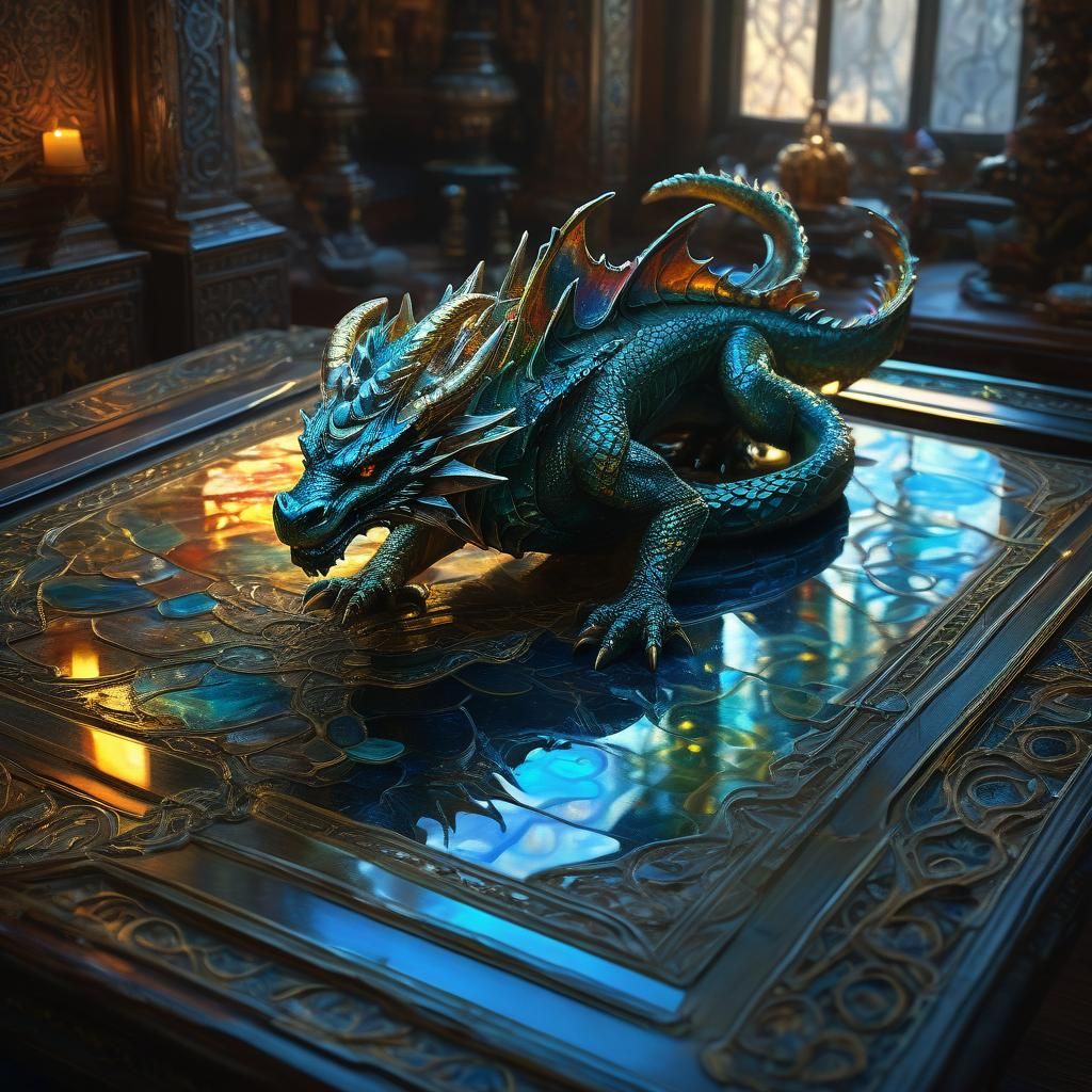 Enameled Glass Tiamat Figurine in Oil Painting Style