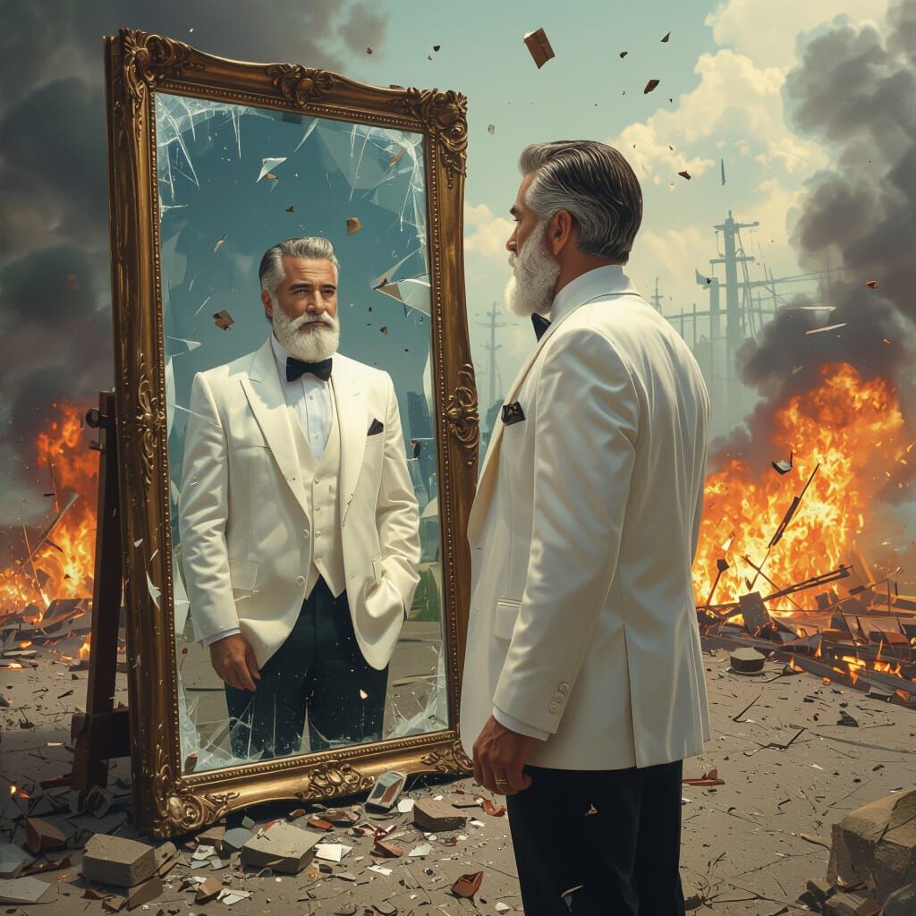 Aging Man Sees Youthful Reflection in Shattering Mirror