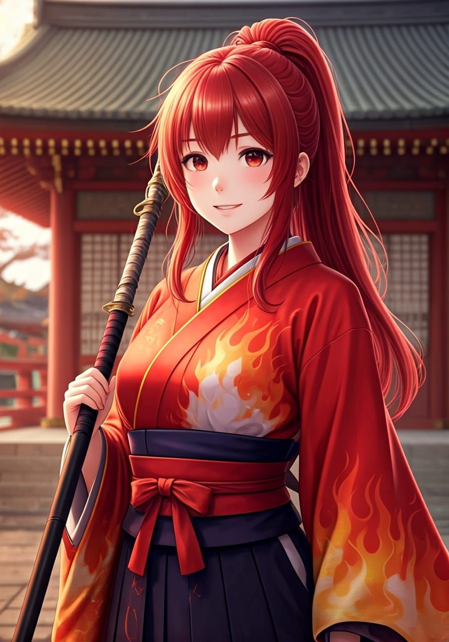 Japanese Priestess with Naginata in Anime Style
