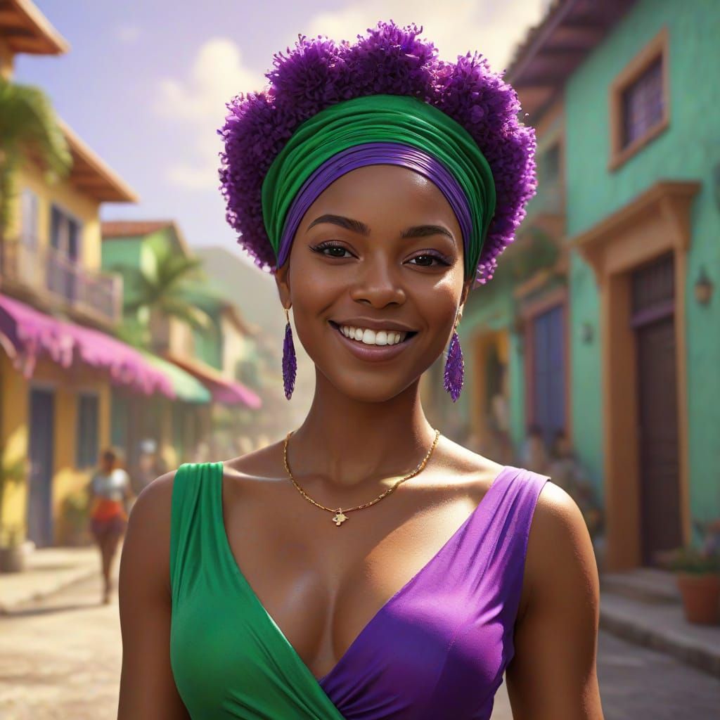 Smiling Woman in Purple and Green: Hyperrealistic Concept Ar...