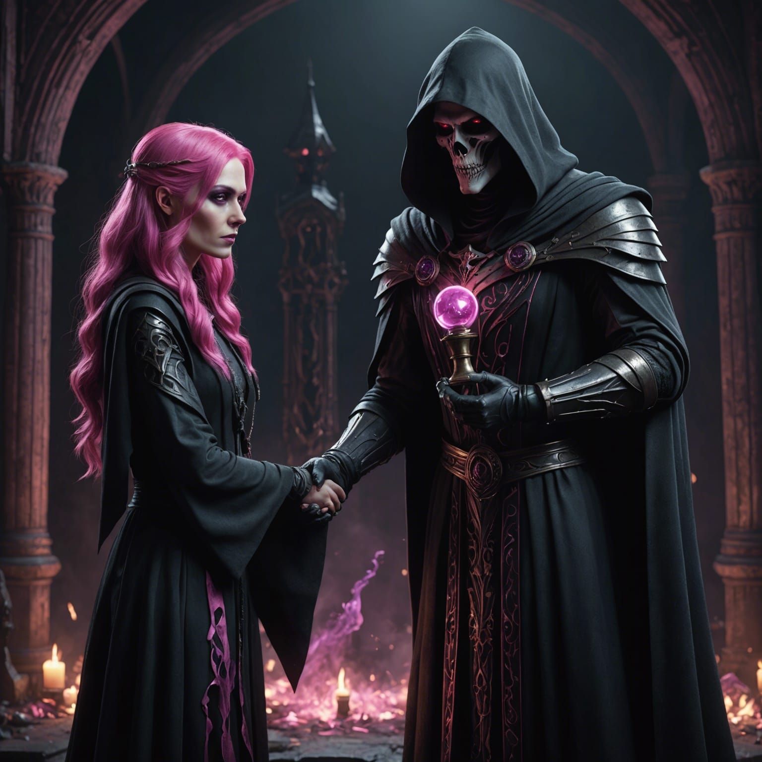 Villain and Reaper Shake Hands in Empty Space