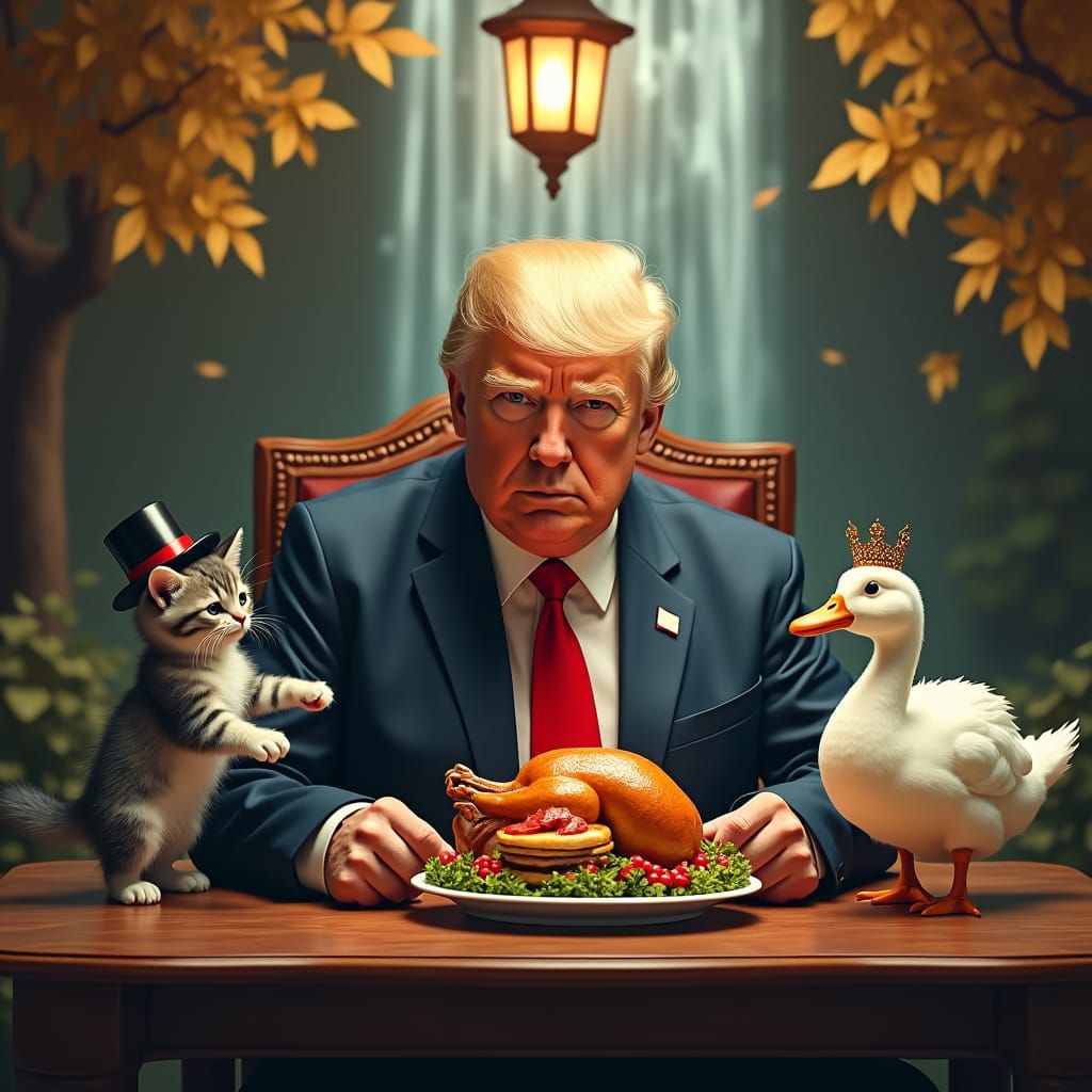 Trump with Kitten and Duck: Whimsical Digital Painting
