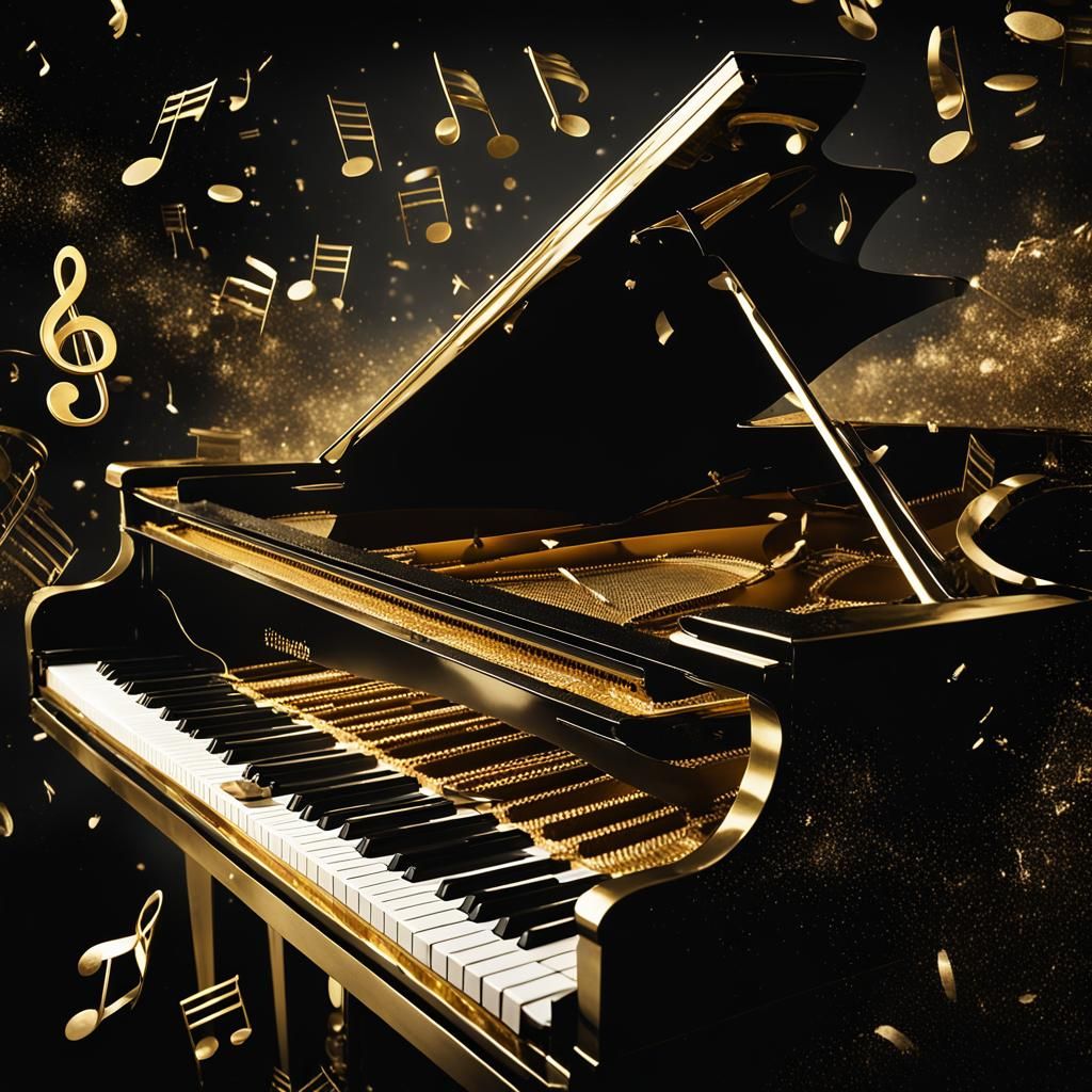 Golden Piano with Floating Musical Notes
