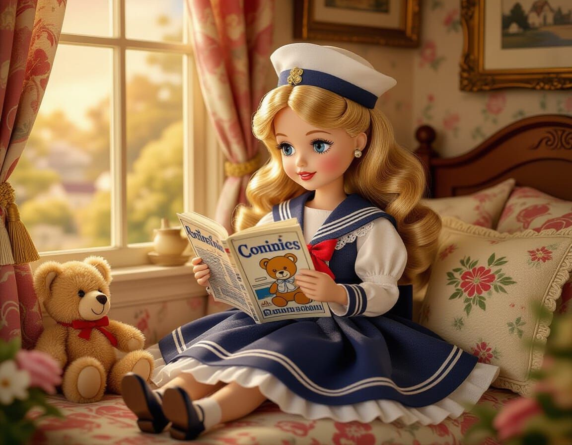 Victorian Barbie Reading Comic Book in Anime Style