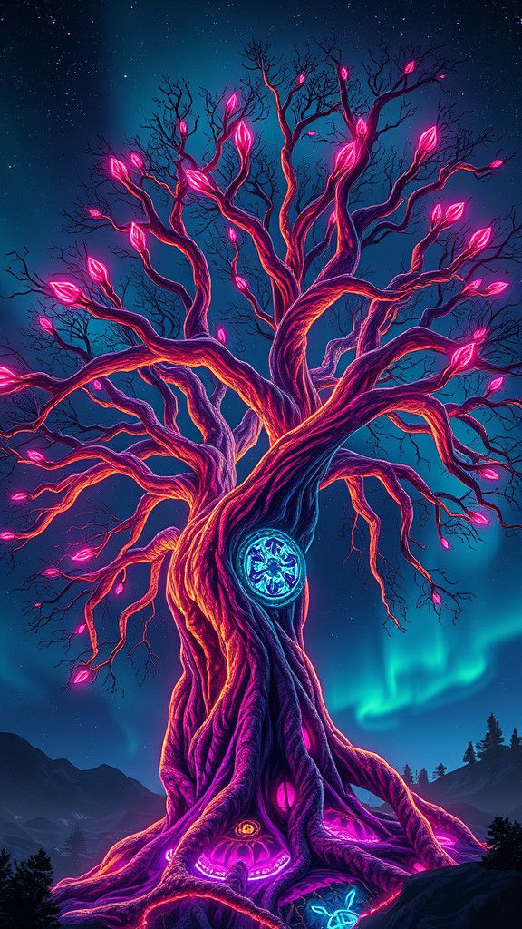 Neon Yggdrasil in Futuristic Landscape