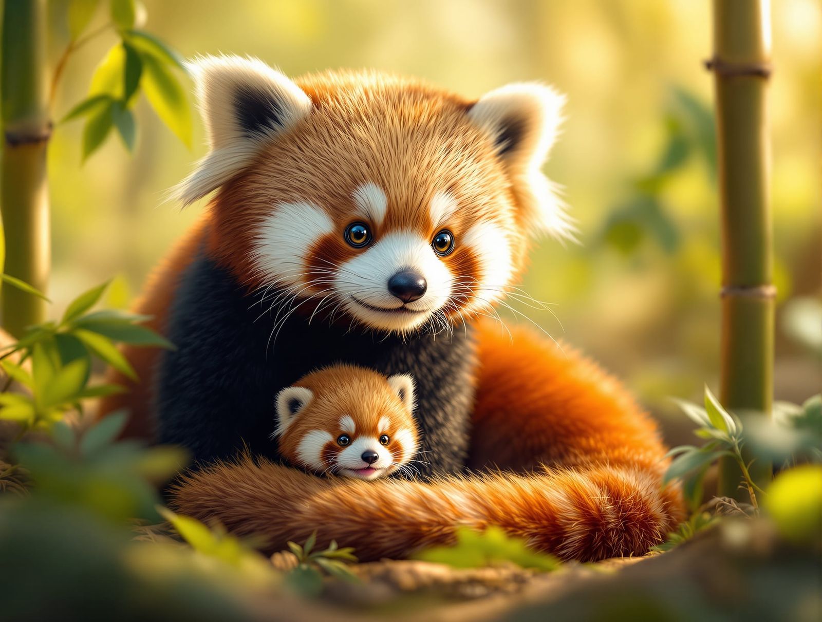 Adorable Red Pandas in Bamboo Forest at Golden Hour