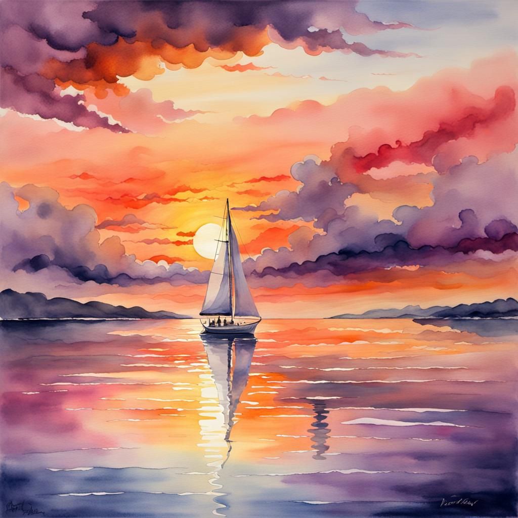 Sailboat at Sunset: Serene Watercolor Seascape