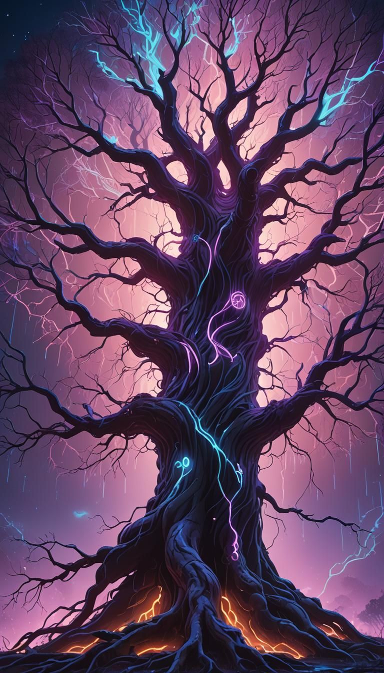 Neon Yggdrasil Tree Spanning Nine Realms